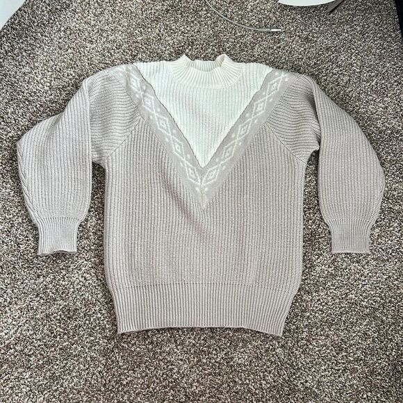 Vintage Chevron Longsleeve Womens Petite Cream Beige Sweater - Picture 4 of 14